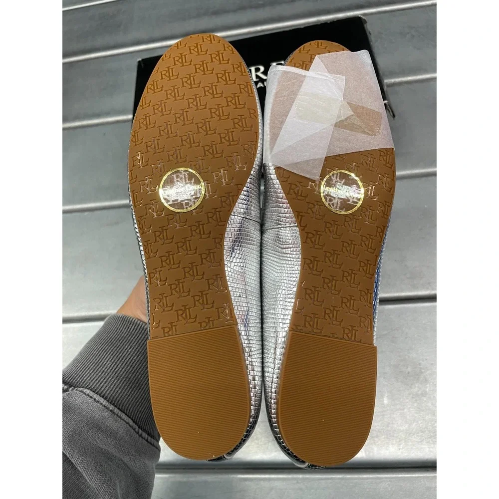 Lauren Ralph Lauren Jayna Flats Ballet Womens 6‎ Silver Leather Bow Slip On